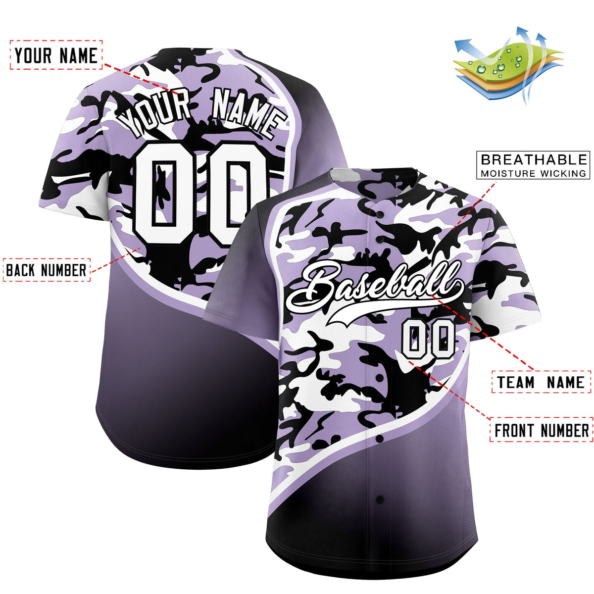 Custom Light Purple Black White Camo Gradient Fashion Baseball Jersey | Perfect for Training,Sublimation Printed & Stitched,Add Name and Numbern,Perfect for Teams | KXKSHOP