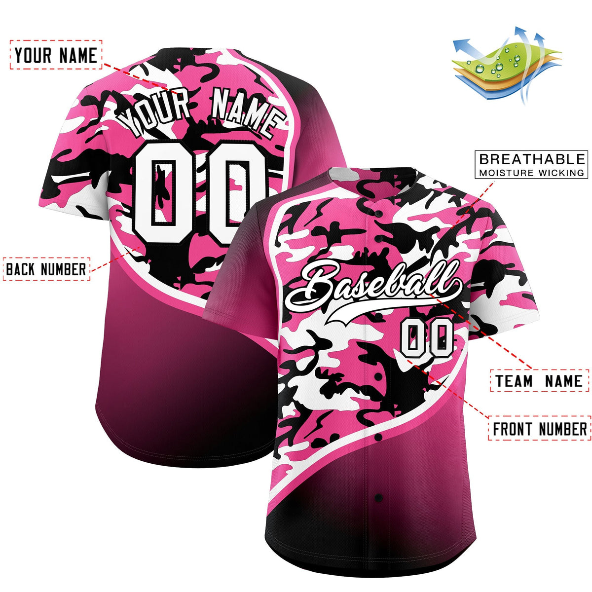 Custom Pink Black White Camo Gradient Fashion Baseball Jersey | Perfect for Training,Sublimation Printed & Stitched,Add Name and Numbern,Perfect for Teams | KXKSHOP