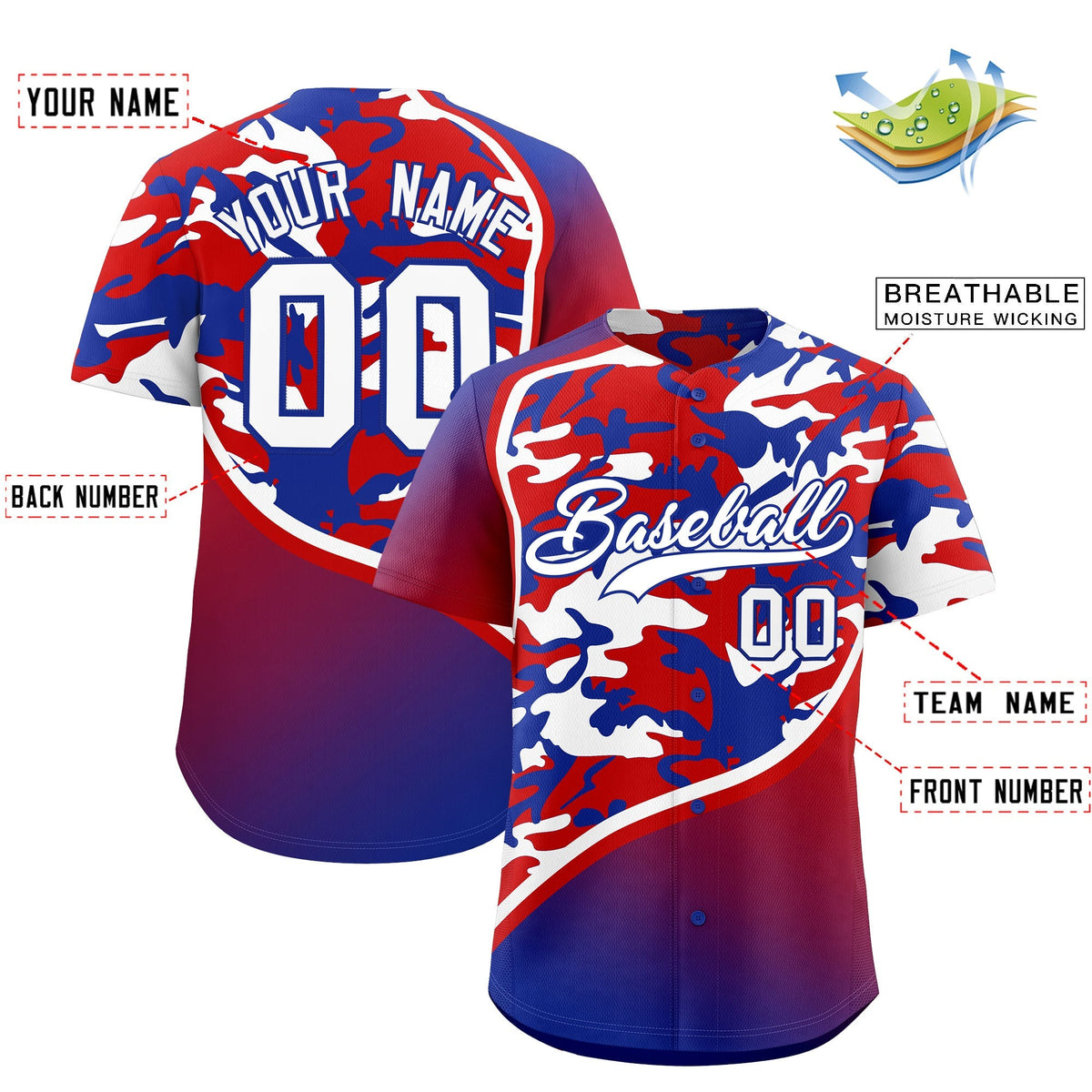 Custom Red White Royal Blue Camo Gradient Fashion Baseball Jersey | Perfect for Training,Sublimation Printed & Stitched,Add Name and Numbern,Perfect for Teams | KXKSHOP