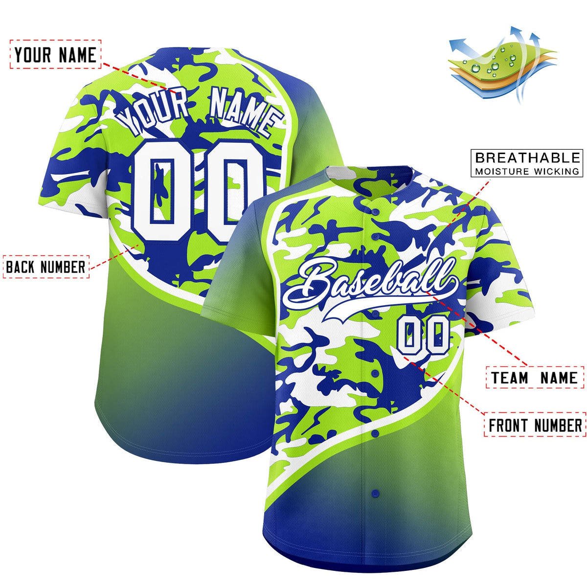 Custom Neon Green Royal Blue White Camo Gradient Fashion Baseball Jersey | Perfect for Training,Sublimation Printed &amp; Stitched,Add Name and Numbern,Perfect for Teams | KXKSHOP