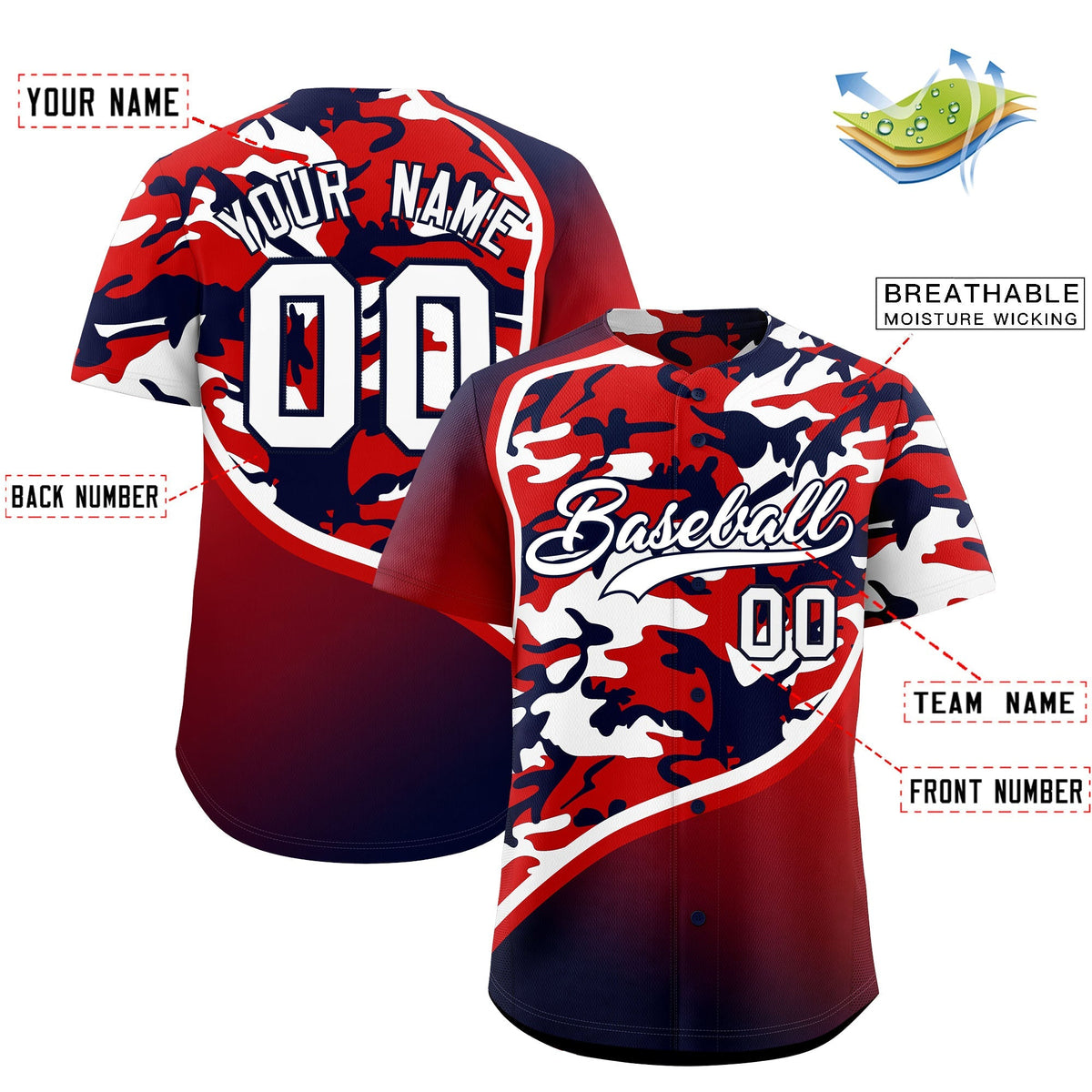 Custom Red White Navy Camo Gradient Fashion Baseball Jersey | Perfect for Training,Sublimation Printed & Stitched,Add Name and Numbern,Perfect for Teams | KXKSHOP