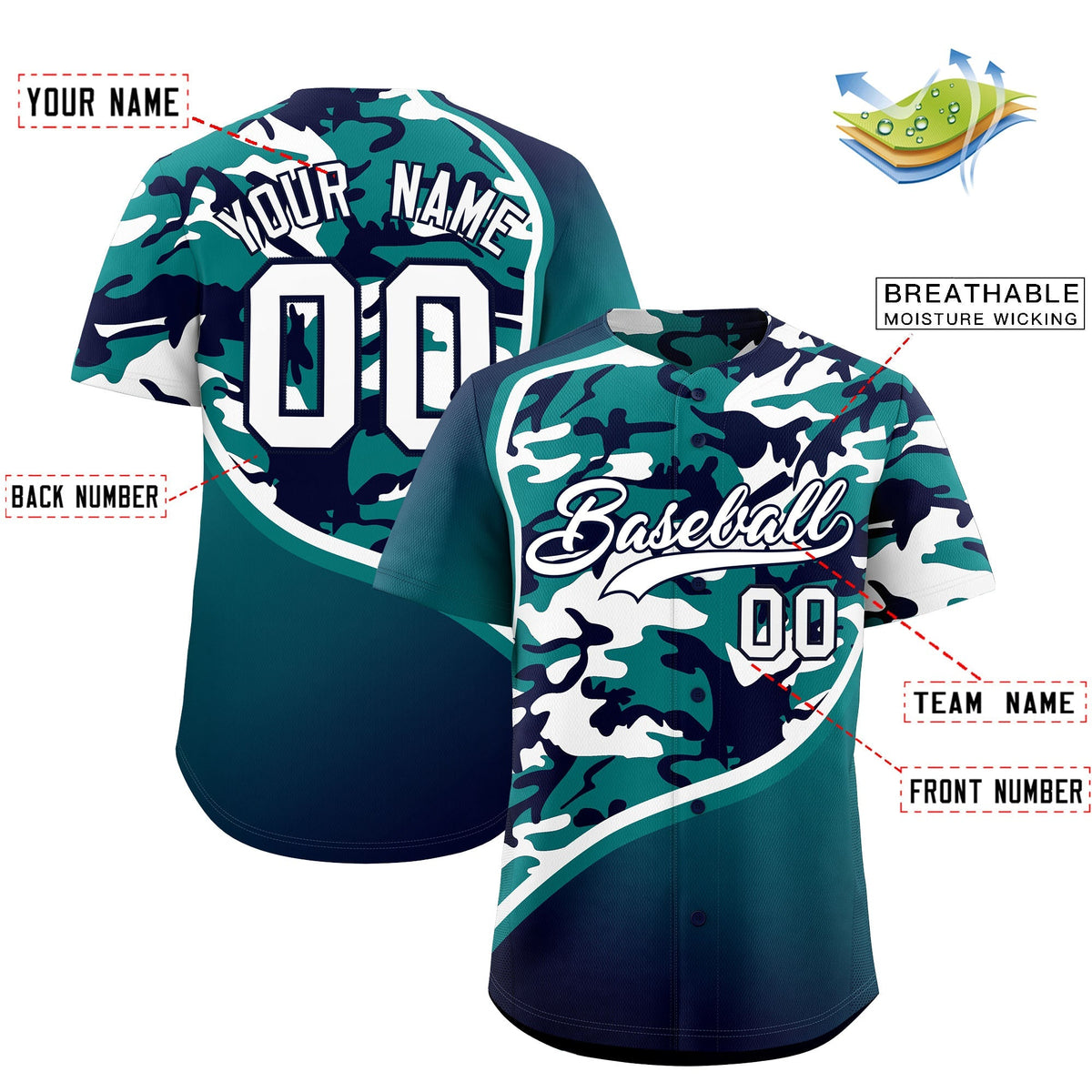 Custom Teal Navy White Camo Gradient Fashion Baseball Jersey | Perfect for Training,Sublimation Printed &amp; Stitched,Add Name and Numbern,Perfect for Teams | KXKSHOP