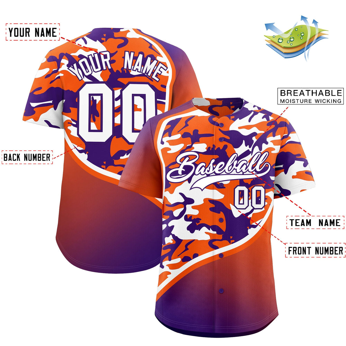 Custom Orange Purple White Camo Gradient Fashion Baseball Jersey | Perfect for Training,Sublimation Printed & Stitched,Add Name and Numbern,Perfect for Teams | KXKSHOP