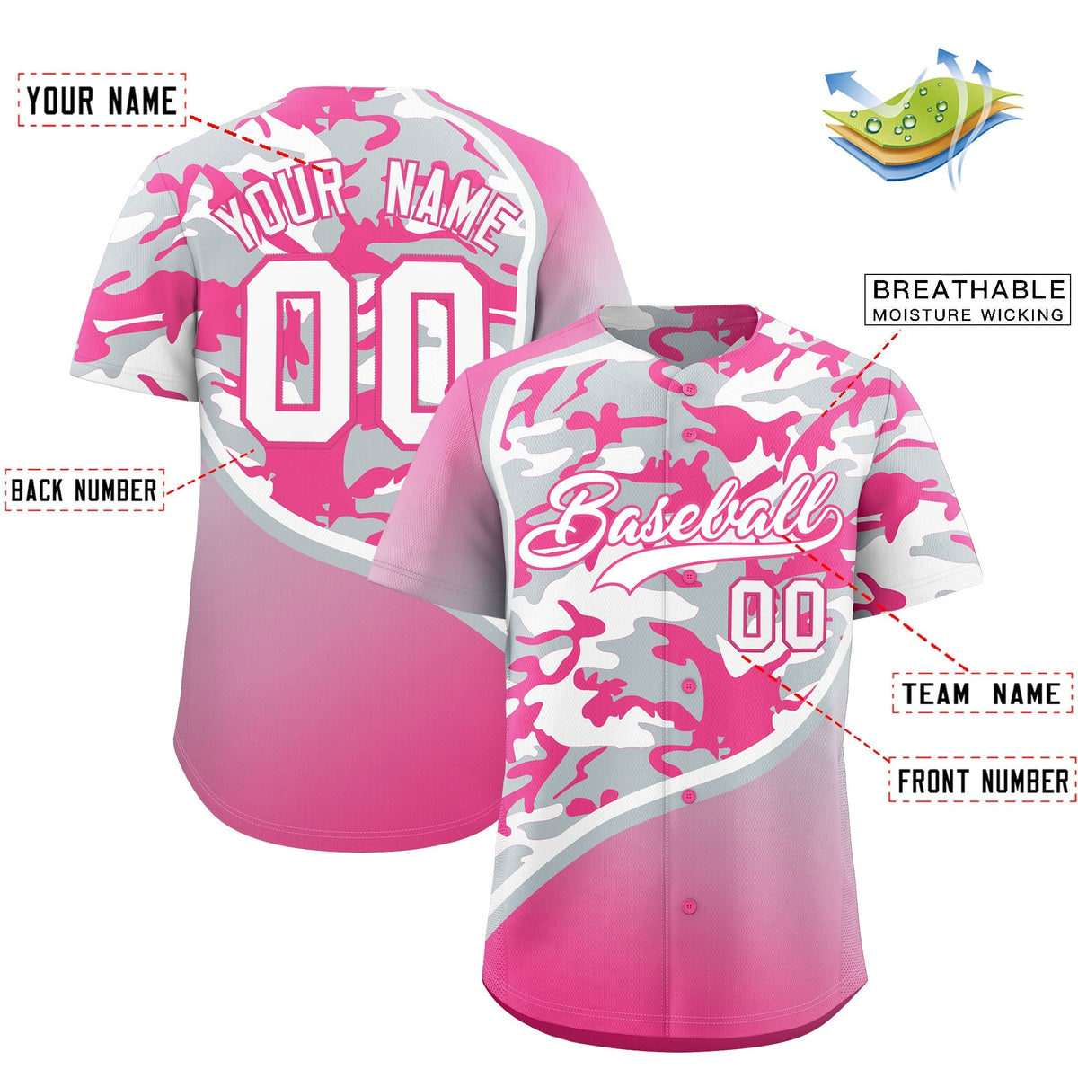 Custom Silver White Pink Camo Gradient Fashion Baseball Jersey | Perfect for Training,Sublimation Printed & Stitched,Add Name and Numbern,Perfect for Teams | KXKSHOP
