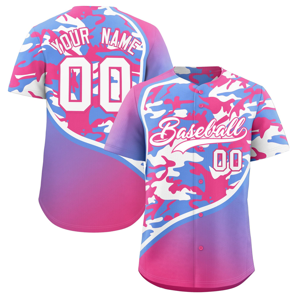 Custom Light Blue Pink White Camo Gradient Fashion Baseball Jersey | Perfect for Training,Sublimation Printed &amp; Stitched,Add Name and Numbern,Perfect for Teams | KXKSHOP