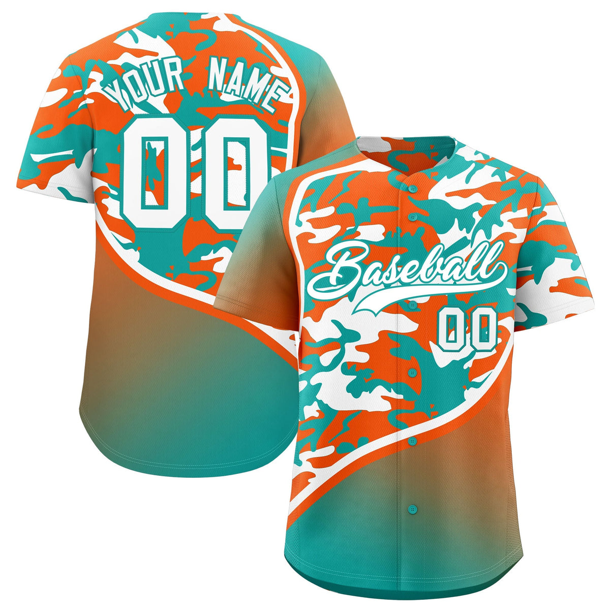 Custom Aqua Orange White Camo Gradient Fashion Baseball Jersey | Perfect for Training,Sublimation Printed &amp; Stitched,Add Name and Numbern,Perfect for Teams | KXKSHOP