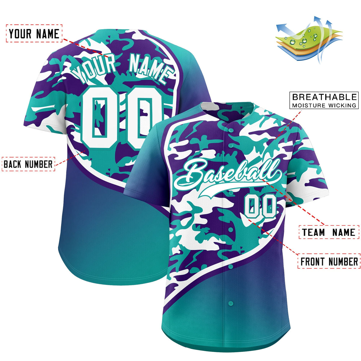 Custom Aqua Purple White Camo Gradient Fashion Baseball Jersey | Perfect for Training,Sublimation Printed &amp; Stitched,Add Name and Numbern,Perfect for Teams | KXKSHOP
