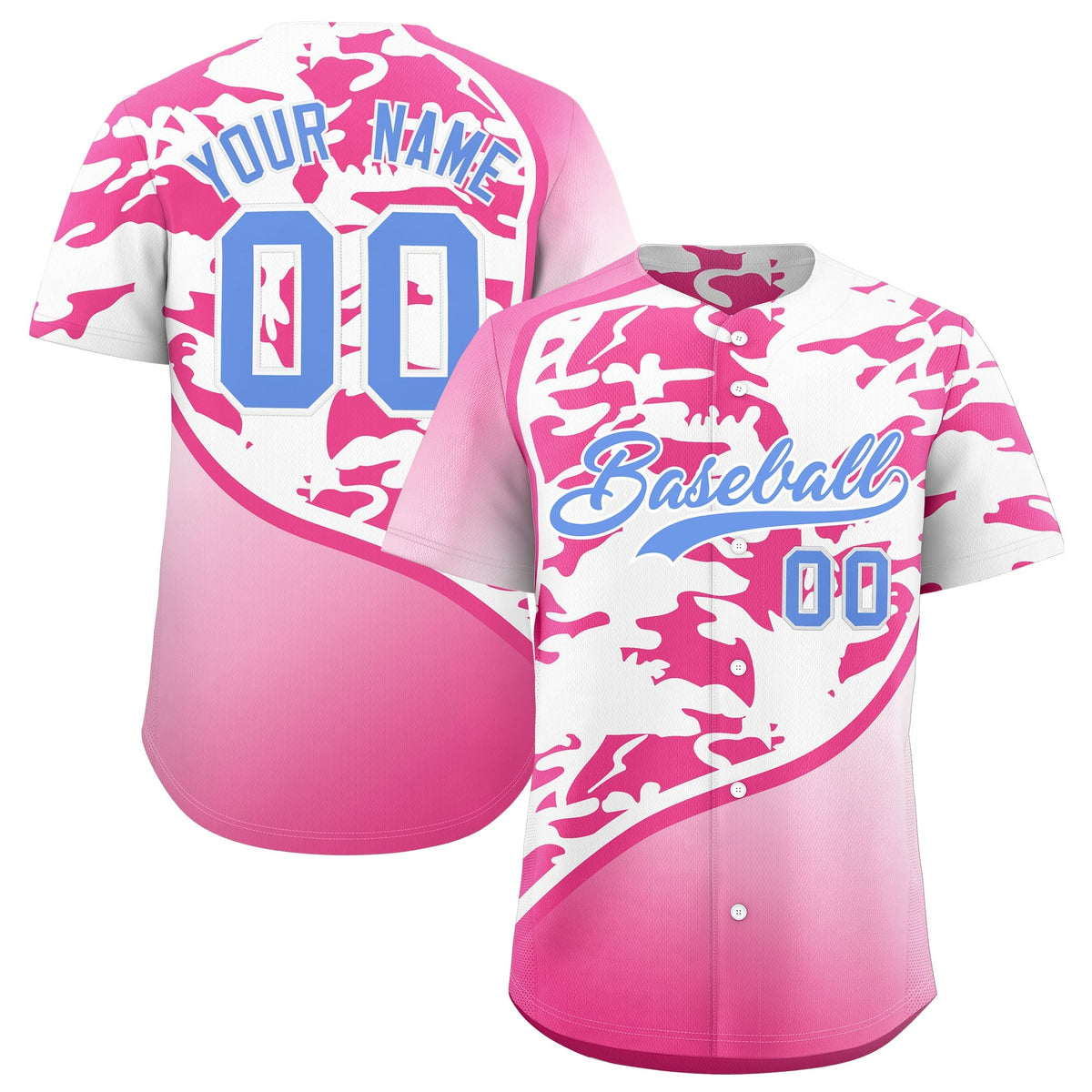 Custom White Pink Light Blue Camo Gradient Fashion Baseball Jersey | Perfect for Training,Sublimation Printed &amp; Stitched,Add Name and Numbern,Perfect for Teams | KXKSHOP