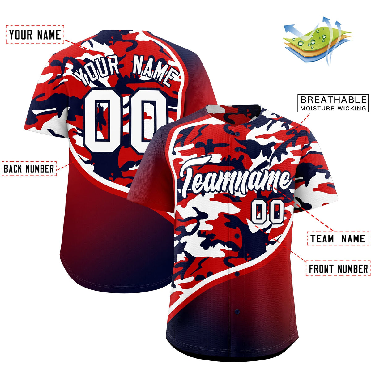 Custom Red White Navy Camo Gradient Fashion Baseball Jersey | Perfect for Training,Sublimation Printed & Stitched,Add Name and Numbern,Perfect for Teams | KXKSHOP