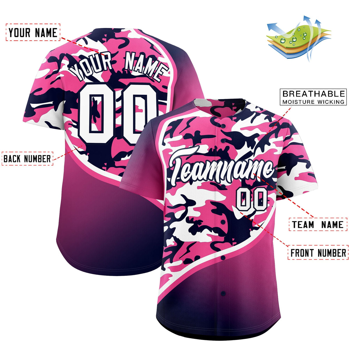 Custom Pink Navy White Camo Gradient Fashion Baseball Jersey | Perfect for Training,Sublimation Printed & Stitched,Add Name and Numbern,Perfect for Teams | KXKSHOP