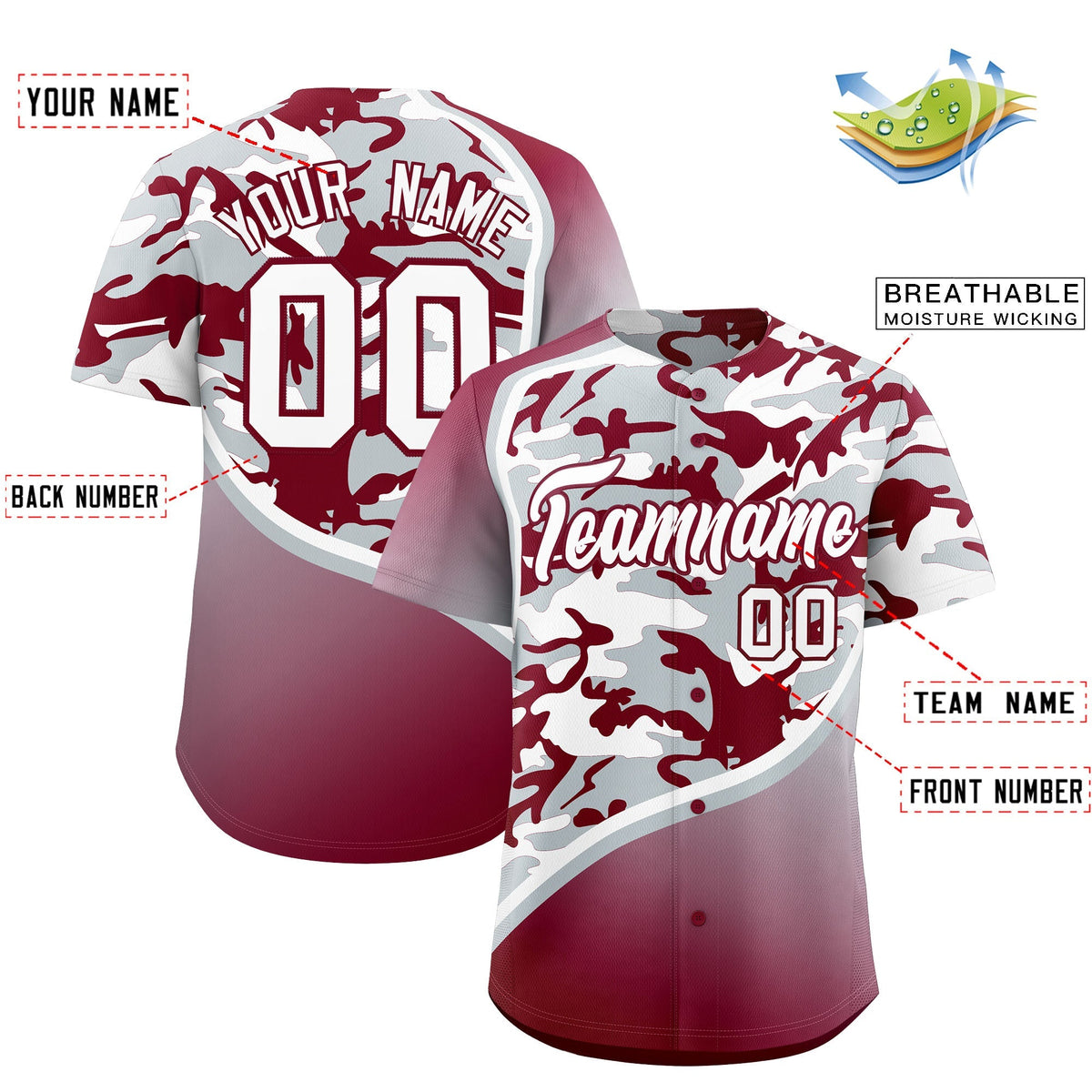 Custom Silver Crimson White Camo Gradient Fashion Baseball Jersey | Perfect for Training,Sublimation Printed &amp; Stitched,Add Name and Numbern,Perfect for Teams | KXKSHOP