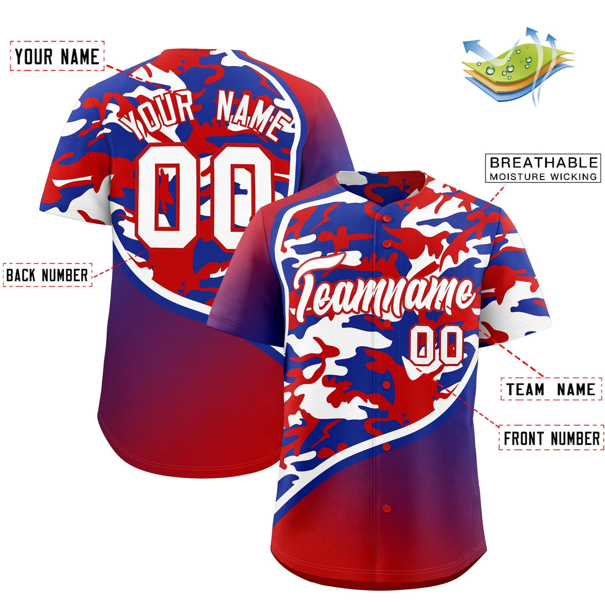 Custom Red Royal Blue White Camo Gradient Fashion Baseball Jersey | Perfect for Training,Sublimation Printed & Stitched,Add Name and Numbern,Perfect for Teams | KXKSHOP