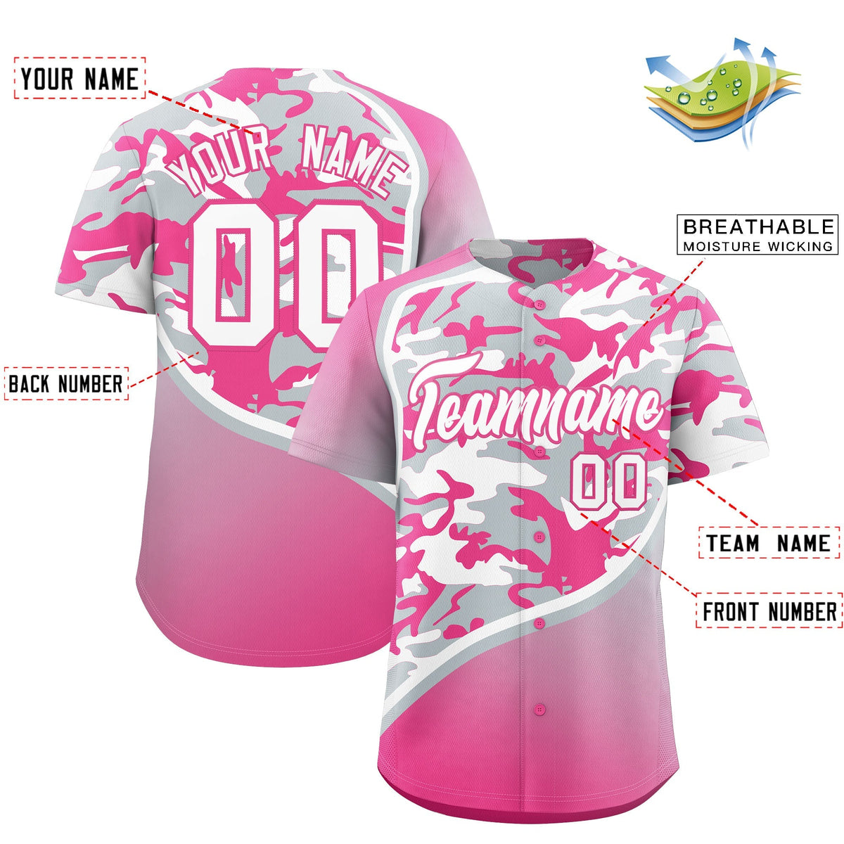 Custom Silver White Pink Camo Gradient Fashion Baseball Jersey | Perfect for Training,Sublimation Printed & Stitched,Add Name and Numbern,Perfect for Teams | KXKSHOP