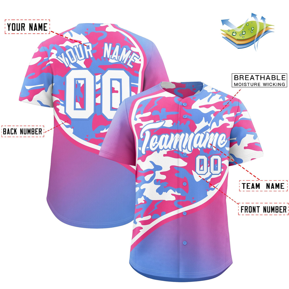 Custom Pink Light Blue White Camo Gradient Fashion Baseball Jersey | Perfect for Training,Sublimation Printed &amp; Stitched,Add Name and Numbern,Perfect for Teams | KXKSHOP