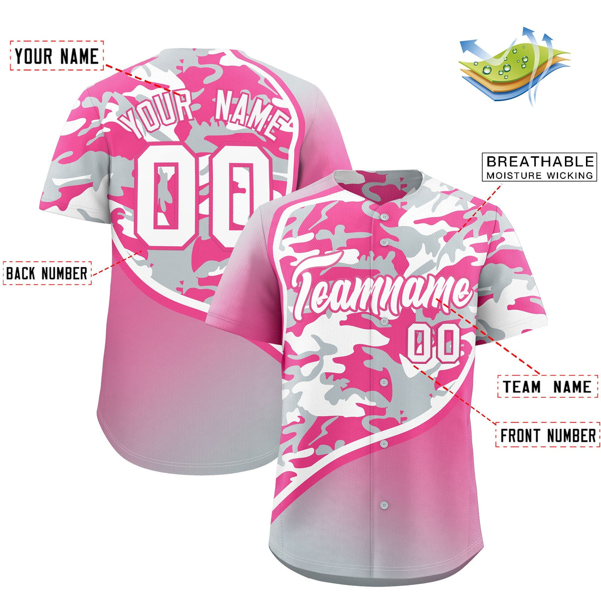 Custom Pink Silver White Camo Gradient Fashion Baseball Jersey | Perfect for Training,Sublimation Printed &amp; Stitched,Add Name and Numbern,Perfect for Teams | KXKSHOP