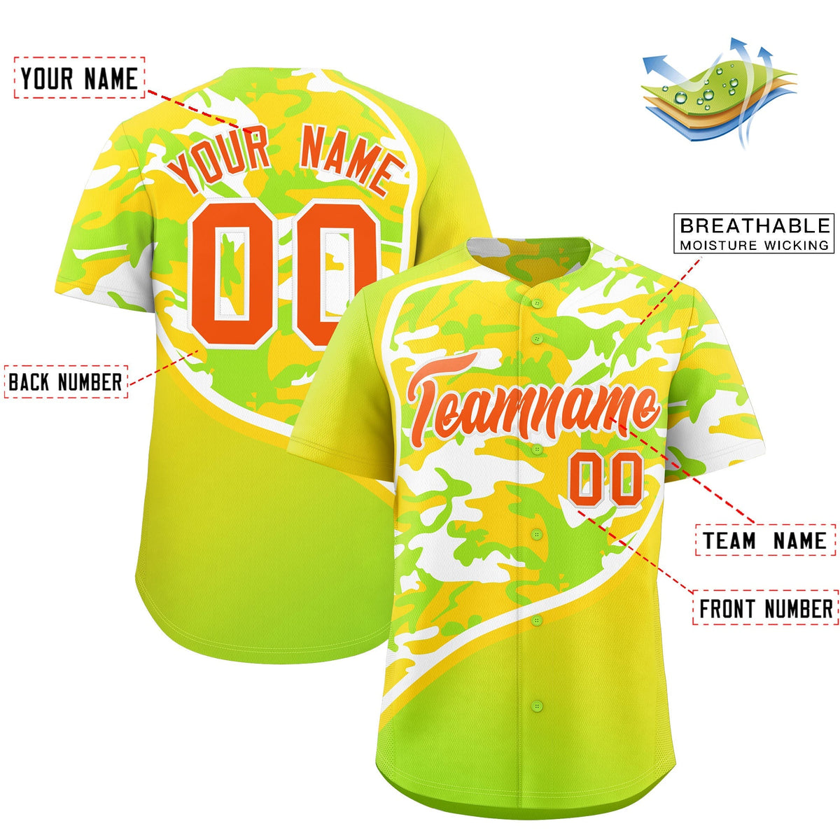 Custom Neon Green Gold White Camo Gradient Fashion Baseball Jersey | Perfect for Training,Sublimation Printed &amp; Stitched,Add Name and Numbern,Perfect for Teams | KXKSHOP