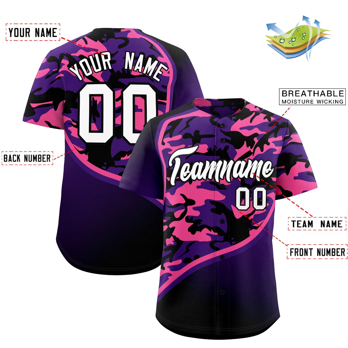 Custom Purple Pink Black Camo Gradient Fashion Baseball Jersey | Perfect for Training,Sublimation Printed &amp; Stitched,Add Name and Numbern,Perfect for Teams | KXKSHOP