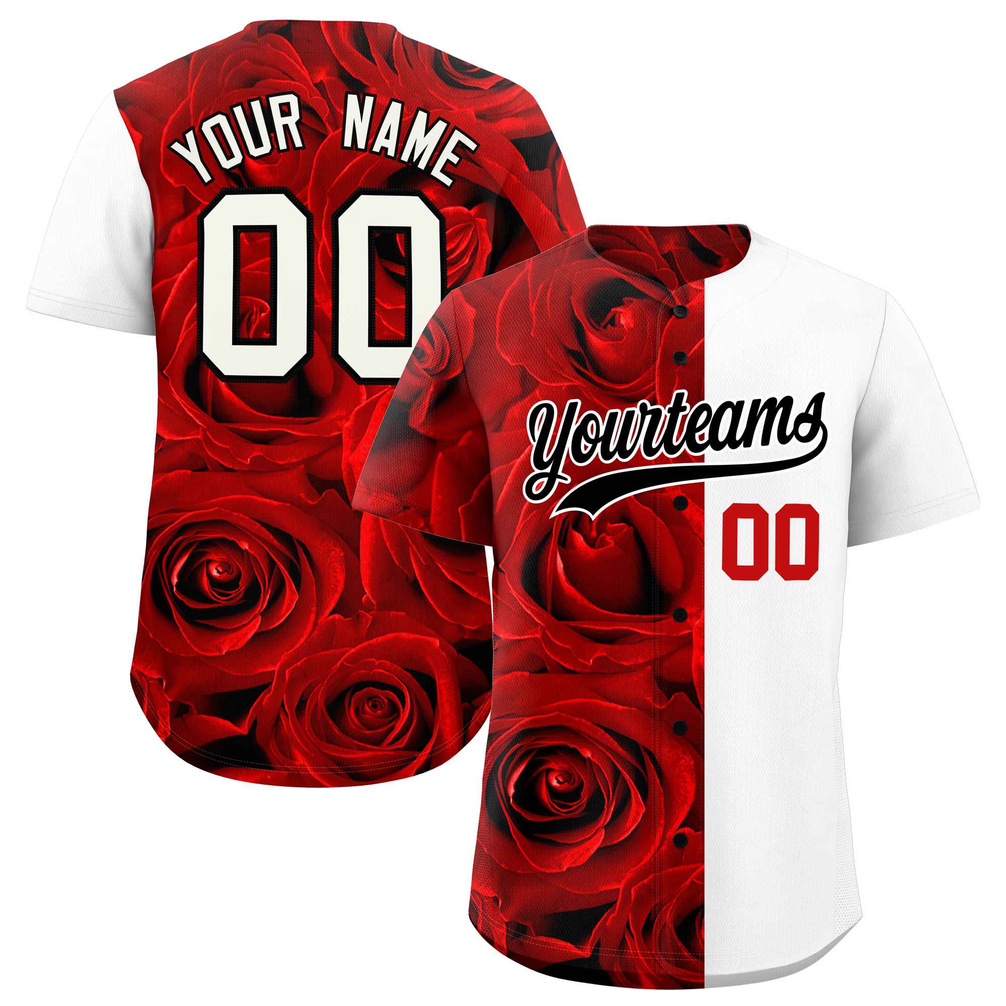 Custom Red White Split Rose Print Authentic Baseball Jersey| KXKSHOP