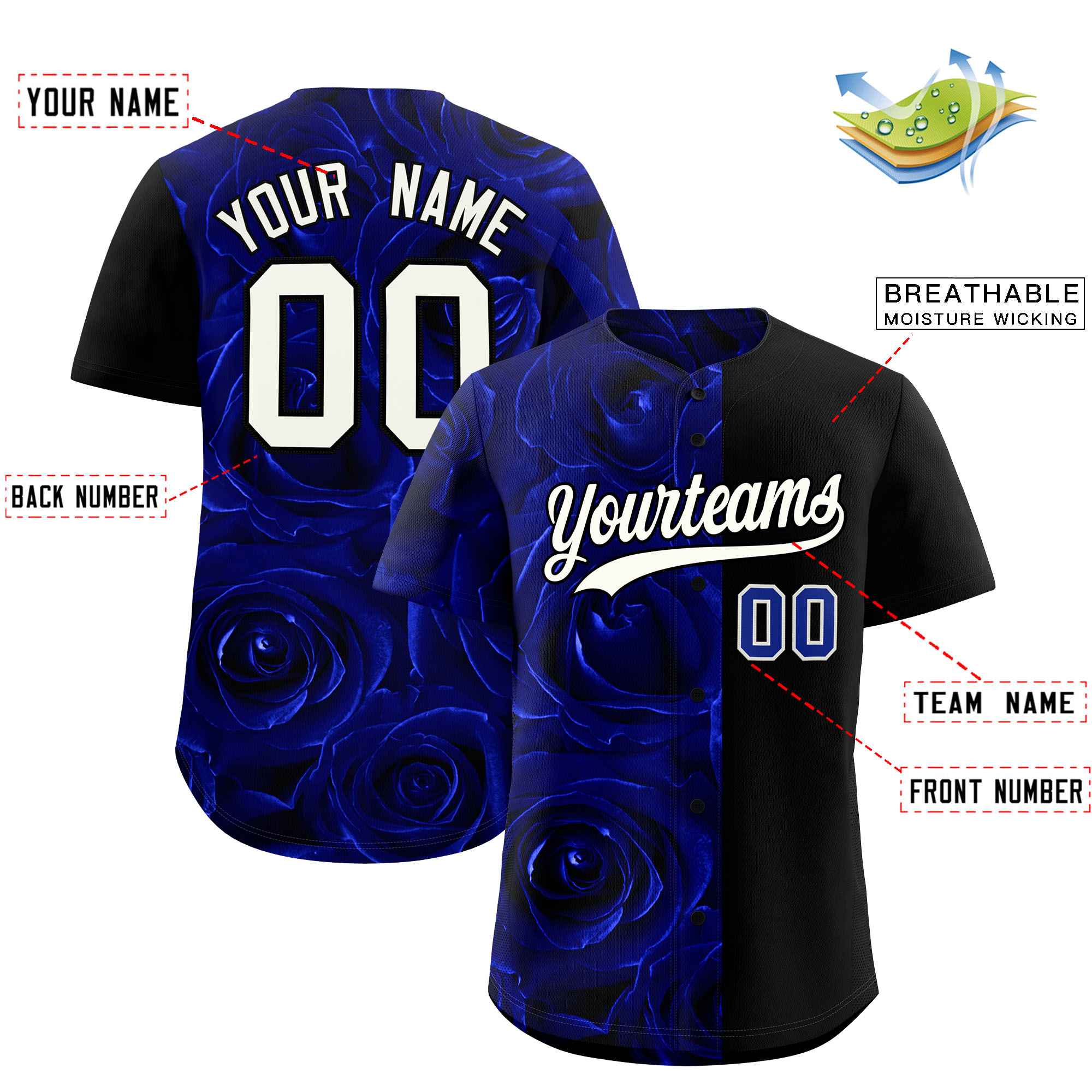 Custom Royal Black Split Rose Print Authentic Baseball Jersey| KXKSHOP