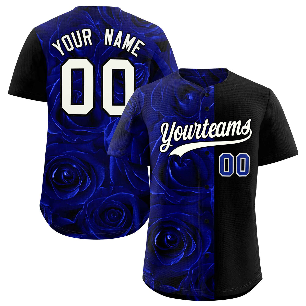 Custom Royal Black Split Rose Print Authentic Baseball Jersey| KXKSHOP
