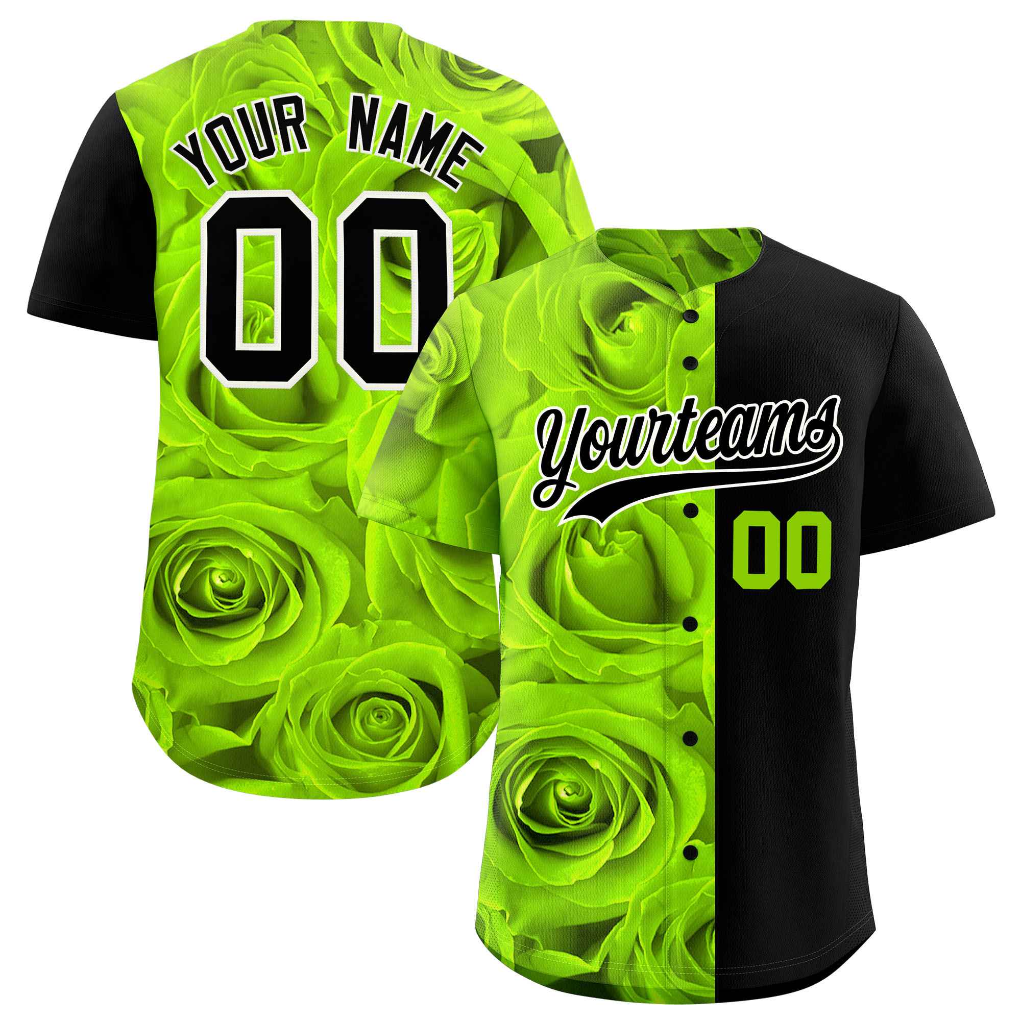 Custom Neon Green Black Split Rose Print Authentic Baseball Jersey| KXKSHOP