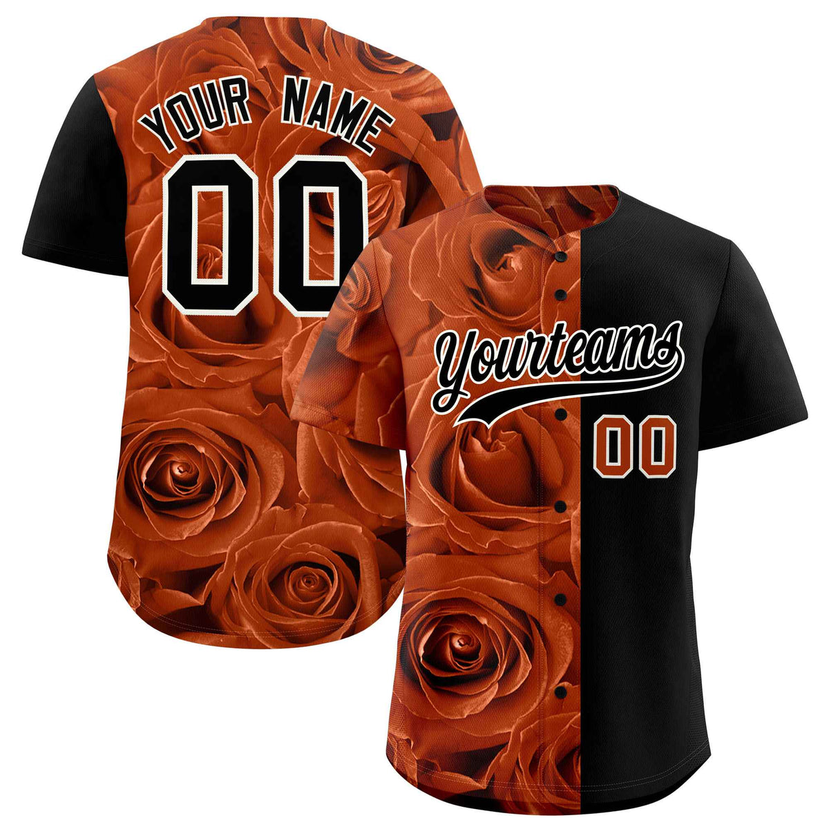 Custom Texas Orange Black Split Rose Print Authentic Baseball Jersey| KXKSHOP