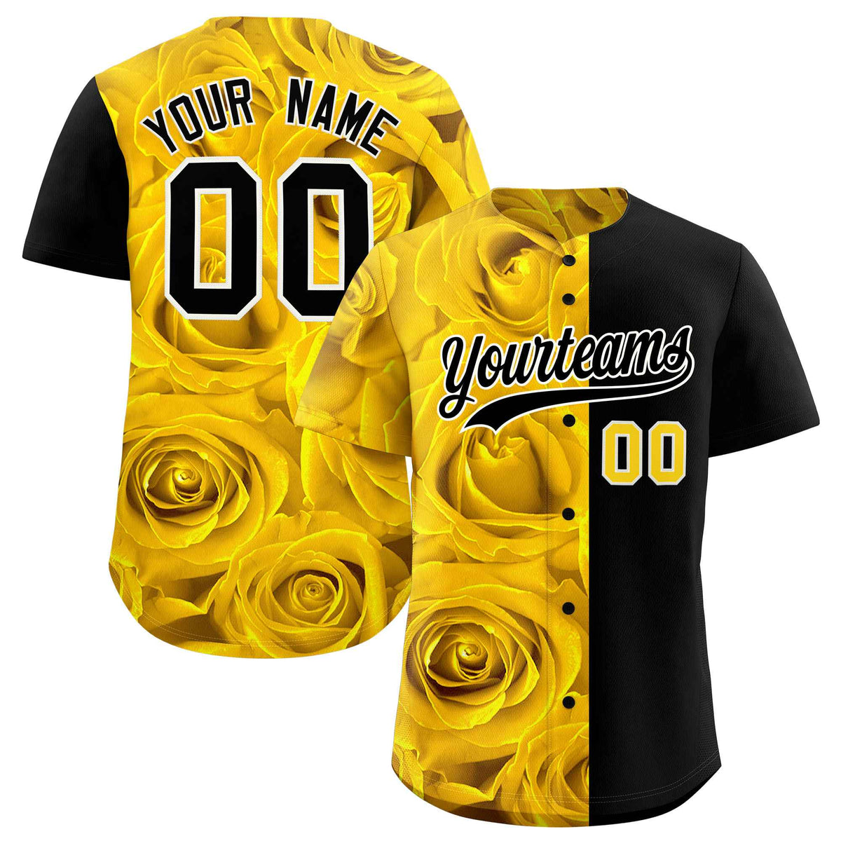 Custom Gold Black Split Rose Print Authentic Baseball Jersey| KXKSHOP