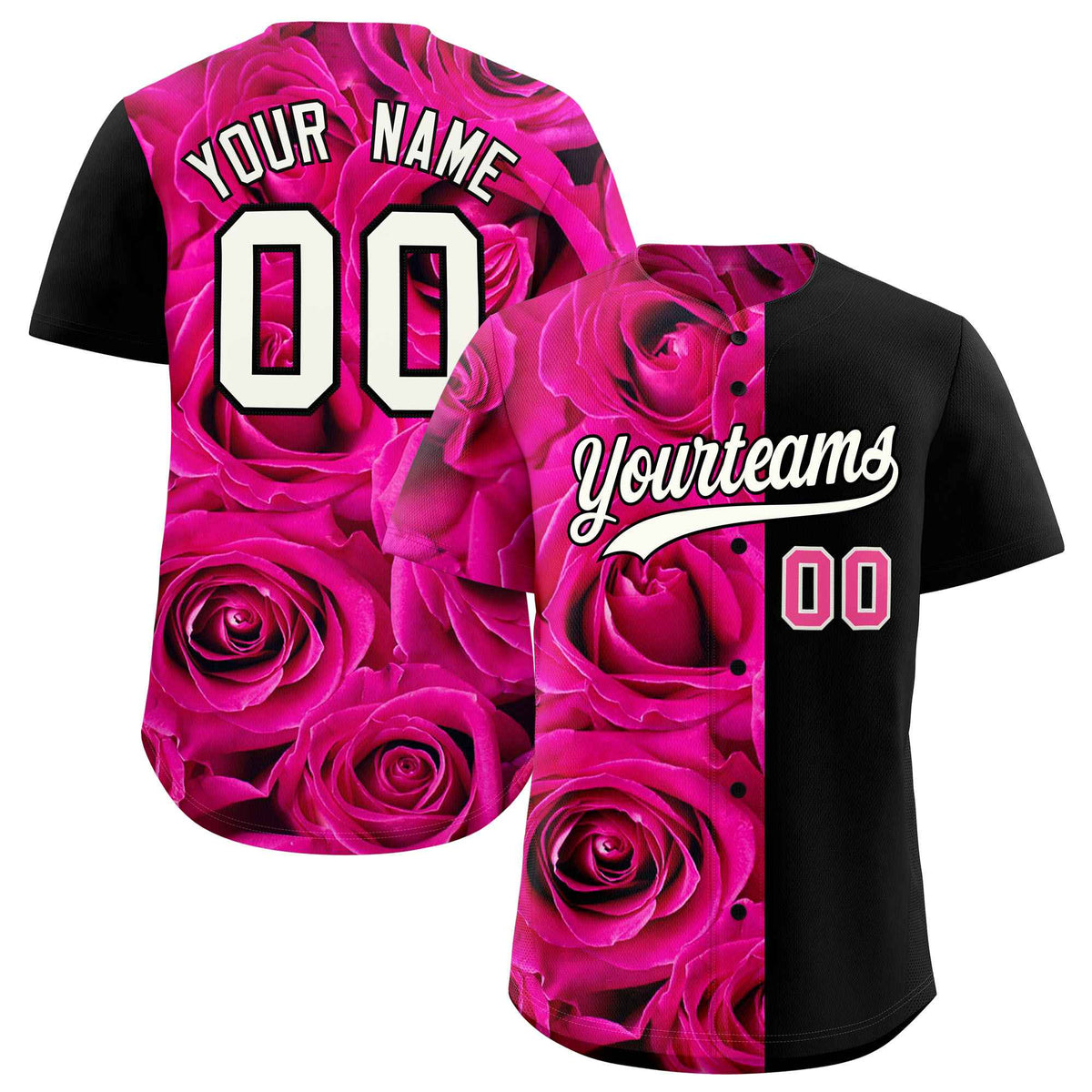 Custom Pink Black Split Rose Print Authentic Baseball Jersey| KXKSHOP