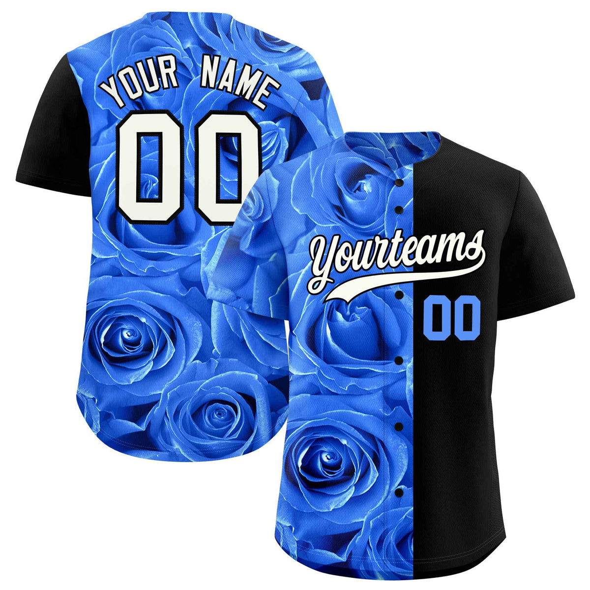Custom Powder Blue Black Split Rose Print Authentic Baseball Jersey| KXKSHOP