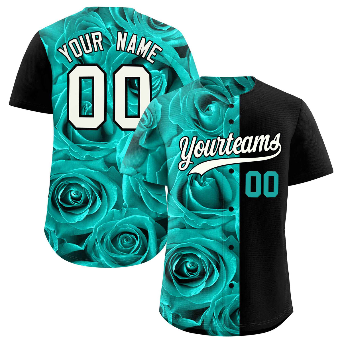 Custom Bright Green Black Split Rose Print Authentic Baseball Jersey| KXKSHOP