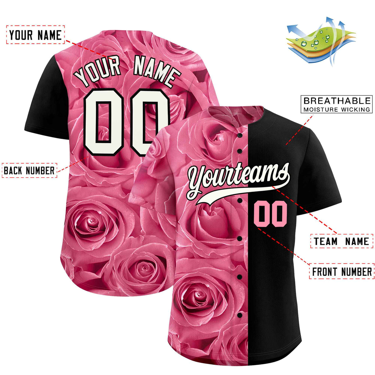 Custom Light Pink Black Split Rose Print Authentic Baseball Jersey| KXKSHOP