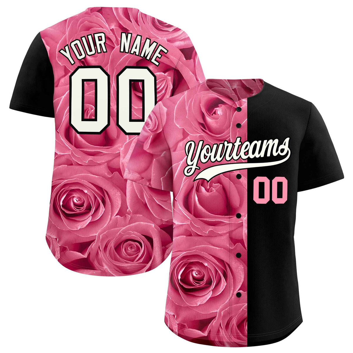 Custom Light Pink Black Split Rose Print Authentic Baseball Jersey| KXKSHOP