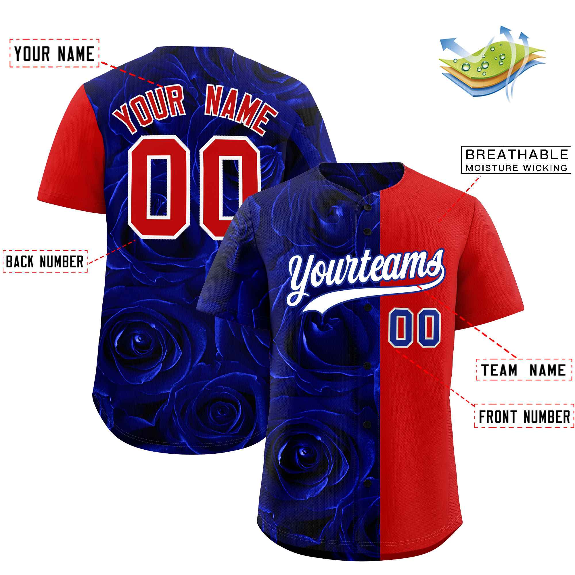 Custom Royal Red Split Rose Print Authentic Baseball Jersey| KXKSHOP