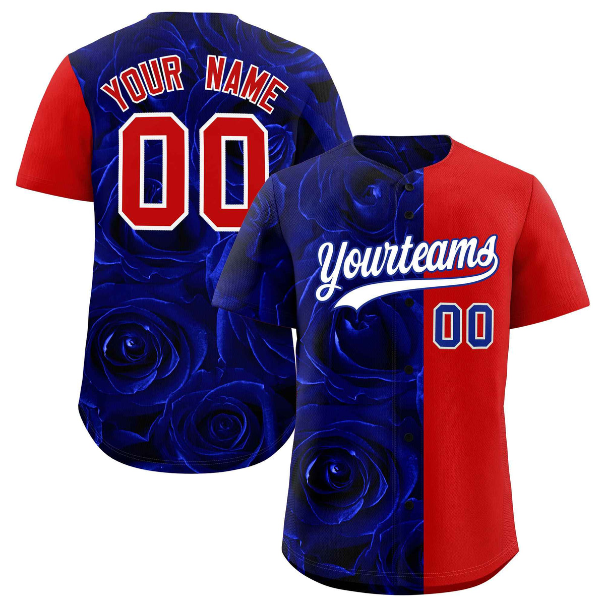 Custom Royal Red Split Rose Print Authentic Baseball Jersey| KXKSHOP