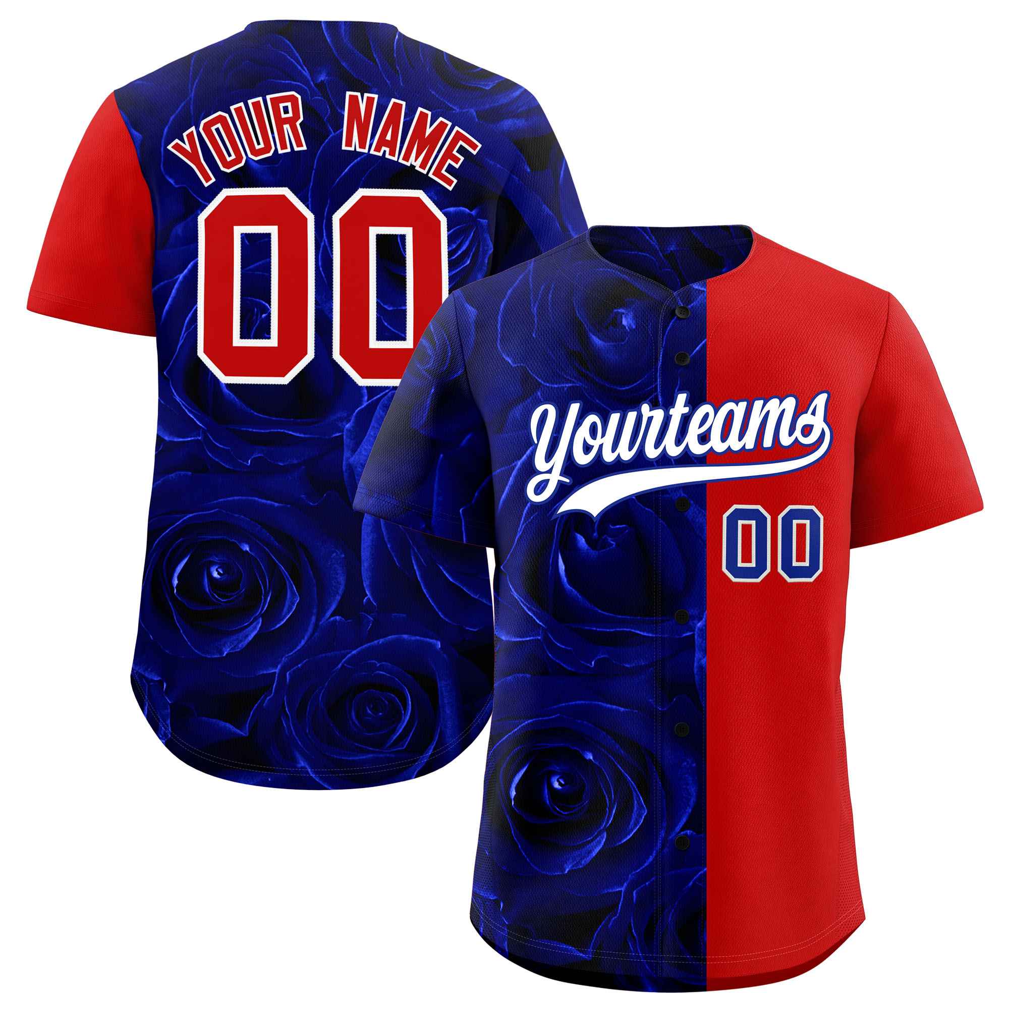 Custom Royal Red Split Rose Print Authentic Baseball Jersey| KXKSHOP