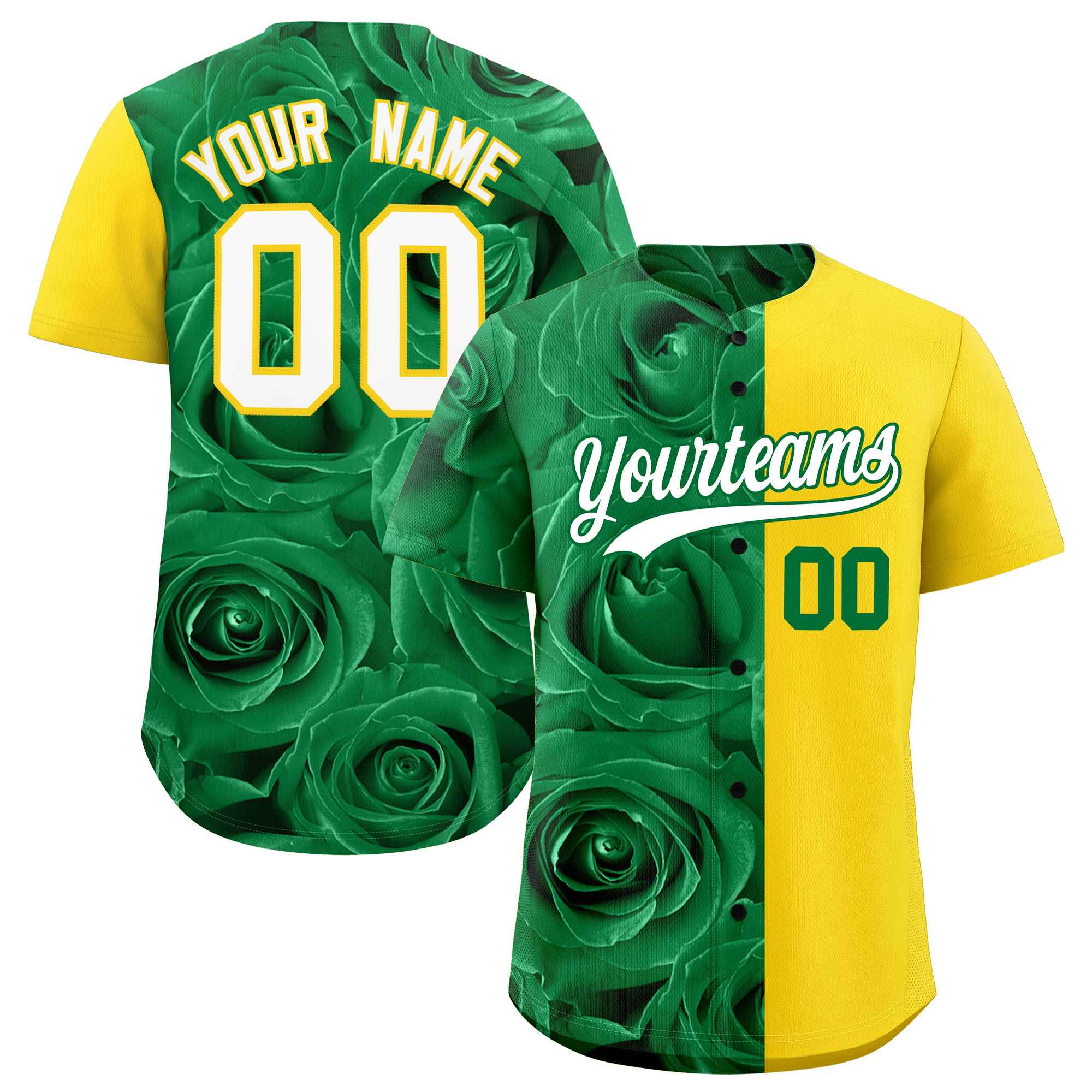 Custom Kelly Green Gold Split Rose Print Authentic Baseball Jersey| KXKSHOP