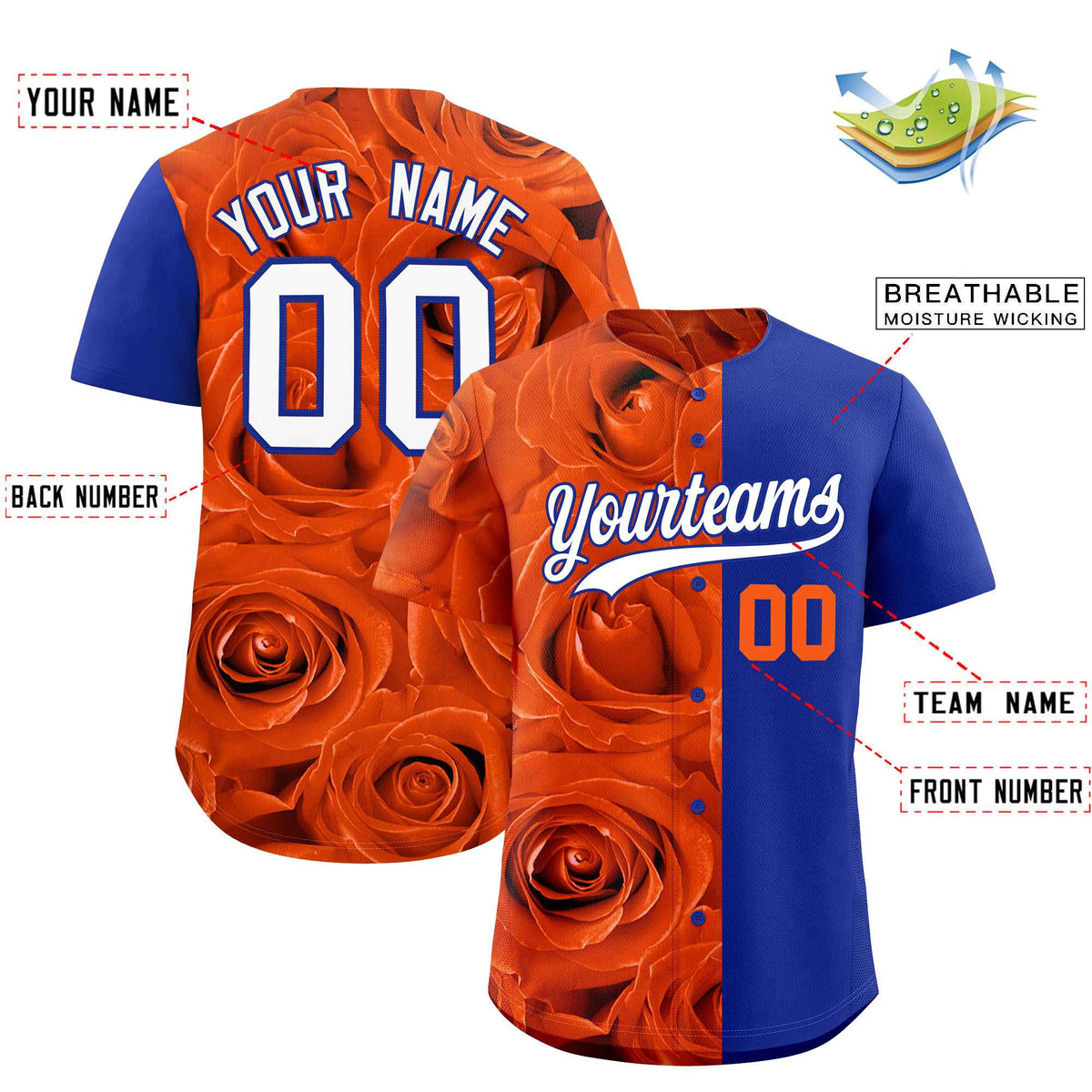 Custom Orange Royal Split Rose Print Authentic Baseball Jersey| KXKSHOP