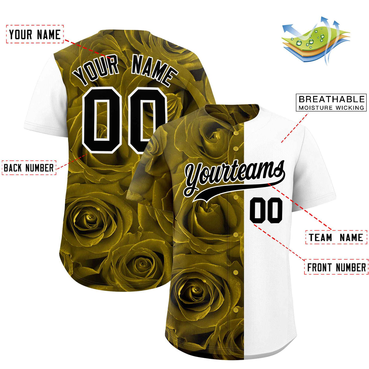 Custom Old Gold White Split Rose Print Authentic Baseball Jersey| KXKSHOP
