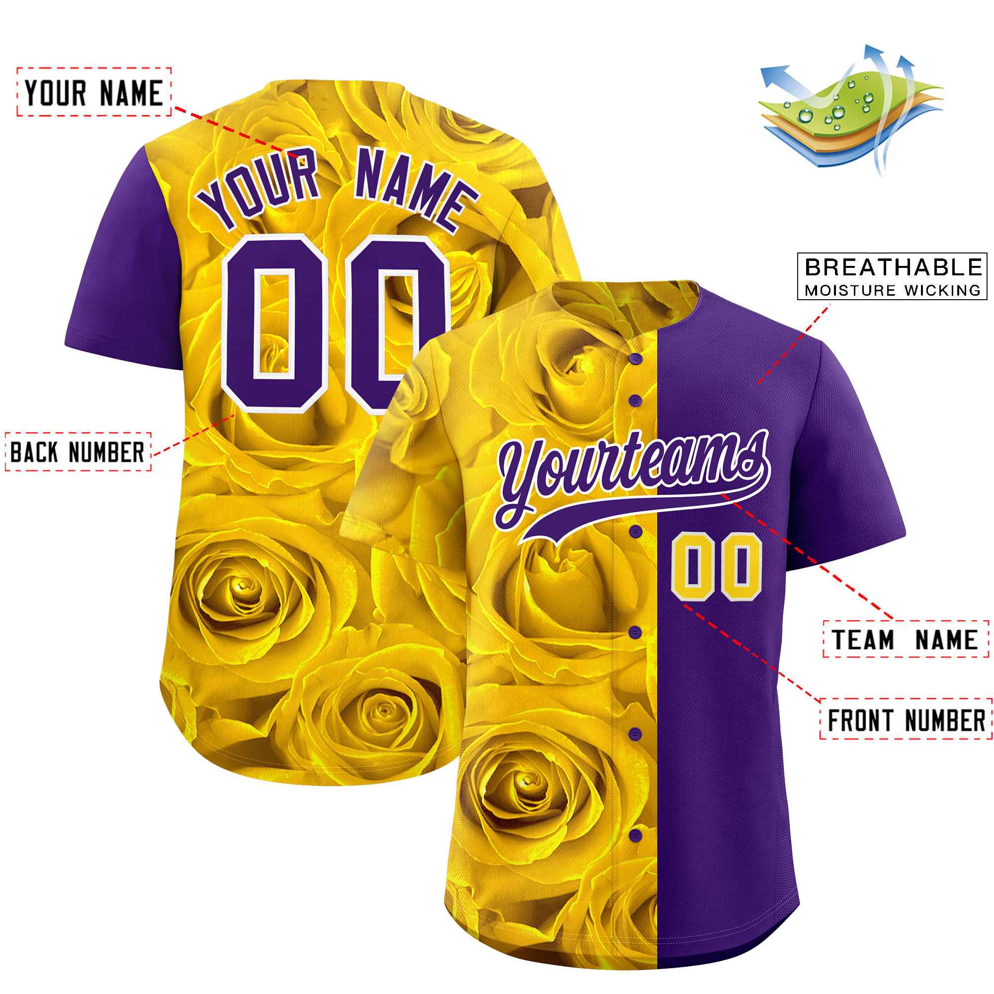 Custom Gold Purple Split Rose Print Authentic Baseball Jersey| KXKSHOP