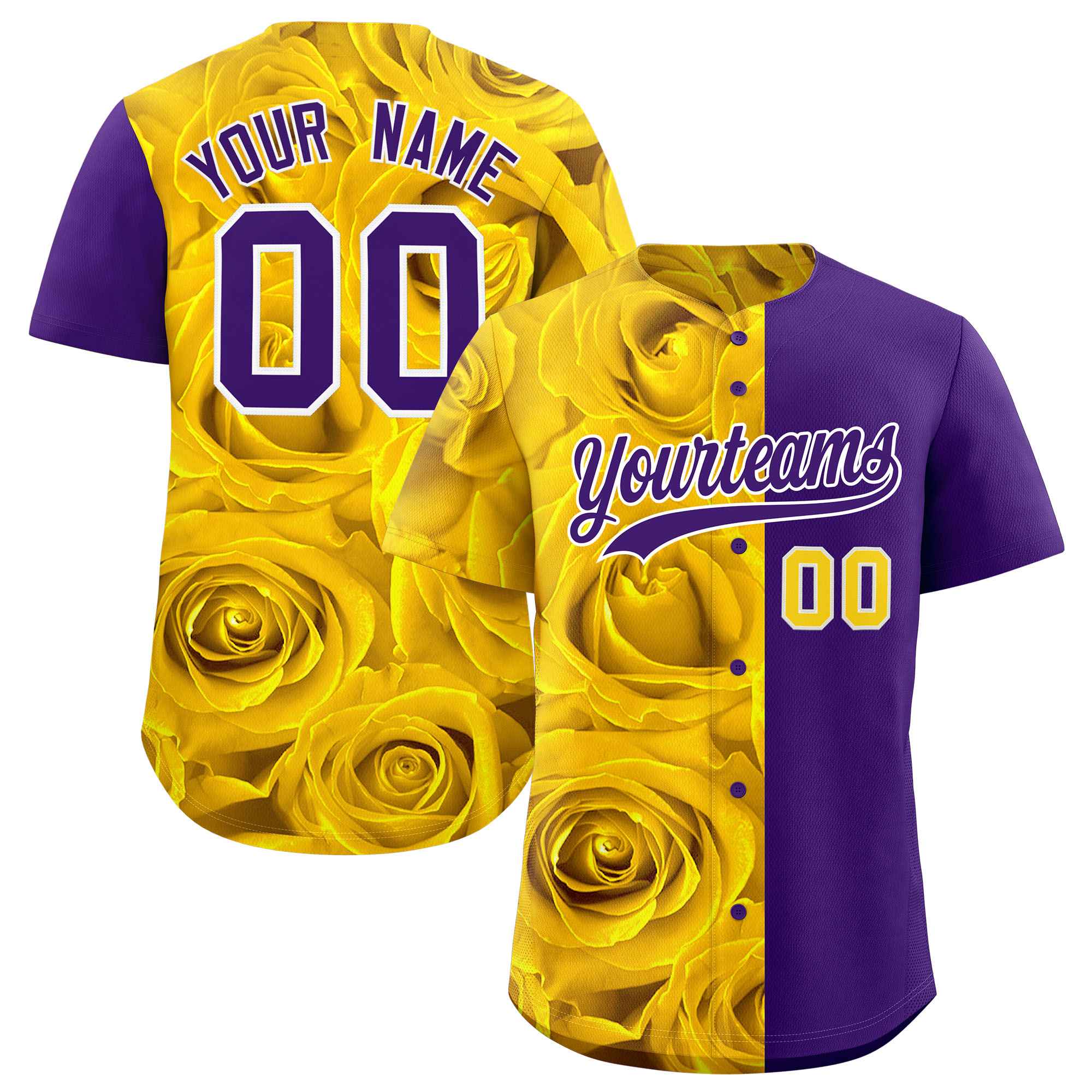 Custom Gold Purple Split Rose Print Authentic Baseball Jersey| KXKSHOP