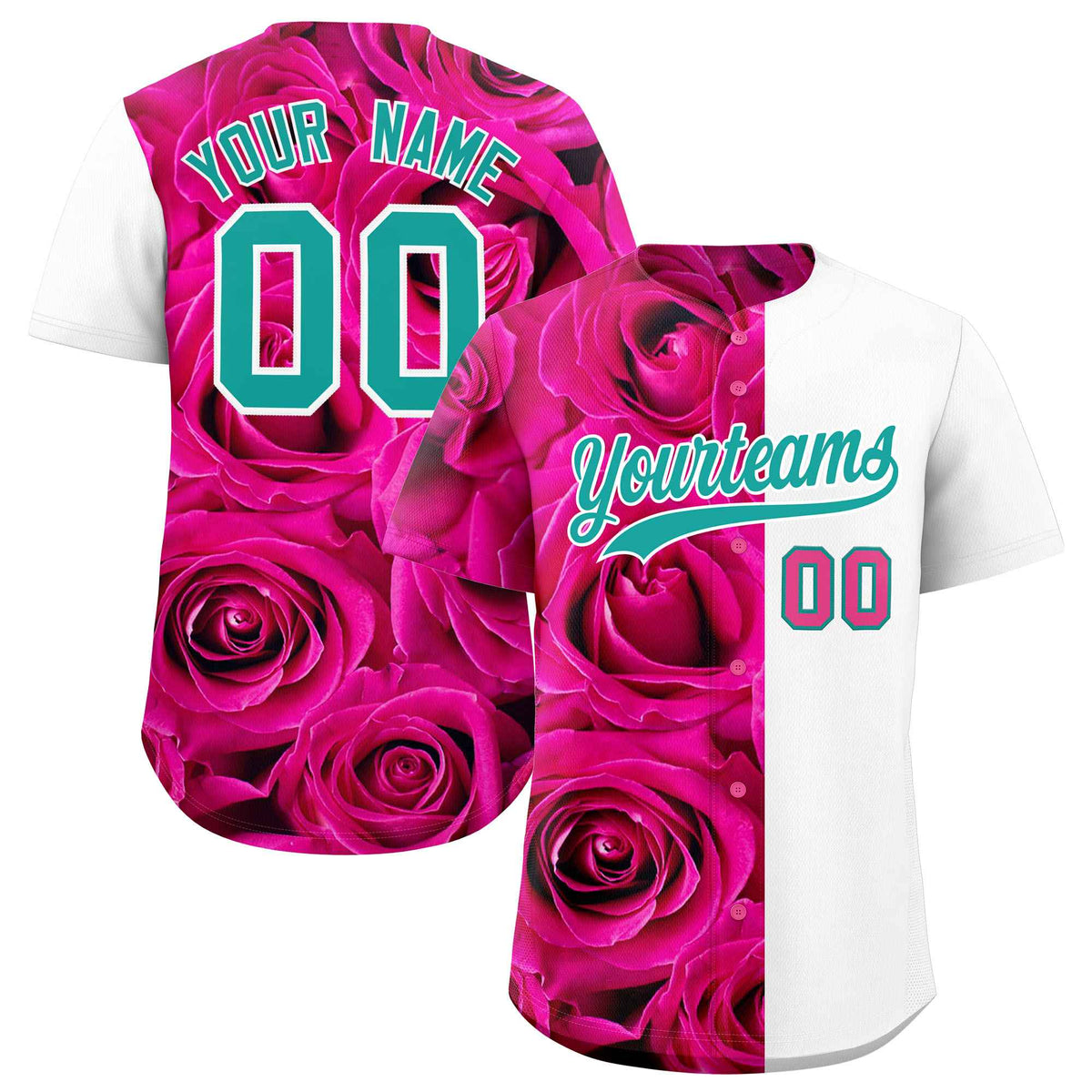 Custom Pink White Split Rose Print Authentic Baseball Jersey| KXKSHOP