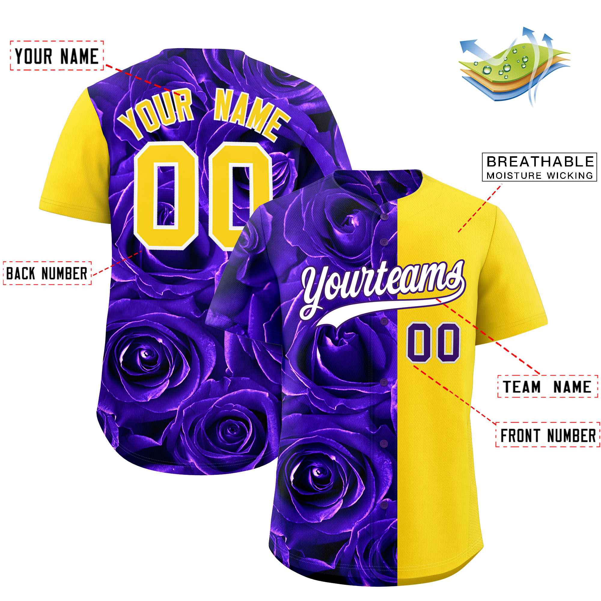 Custom Purple Gold Split Rose Print Authentic Baseball Jersey| KXKSHOP