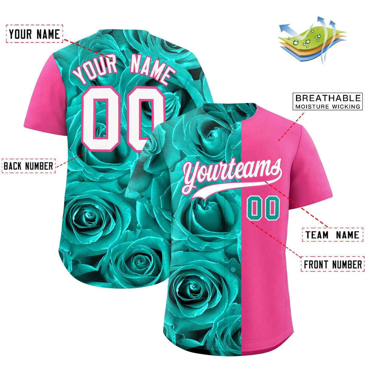 Custom Aqua Pink Split Rose Print Authentic Baseball Jersey| KXKSHOP
