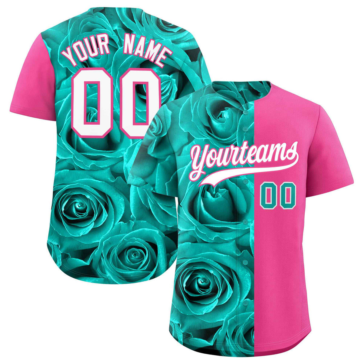 Custom Aqua Pink Split Rose Print Authentic Baseball Jersey| KXKSHOP