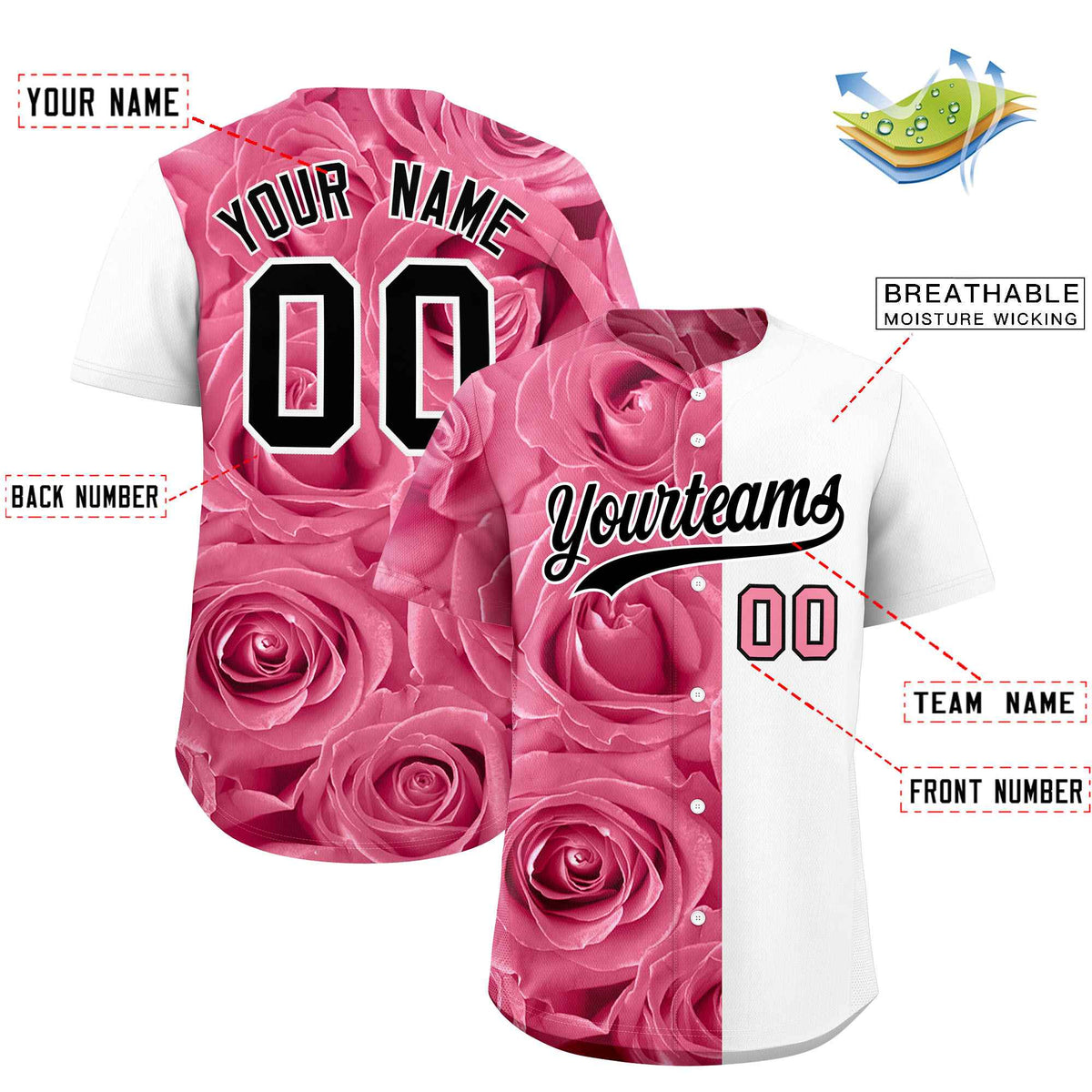 Custom Light Pink White Split Rose Print Authentic Baseball Jersey| KXKSHOP