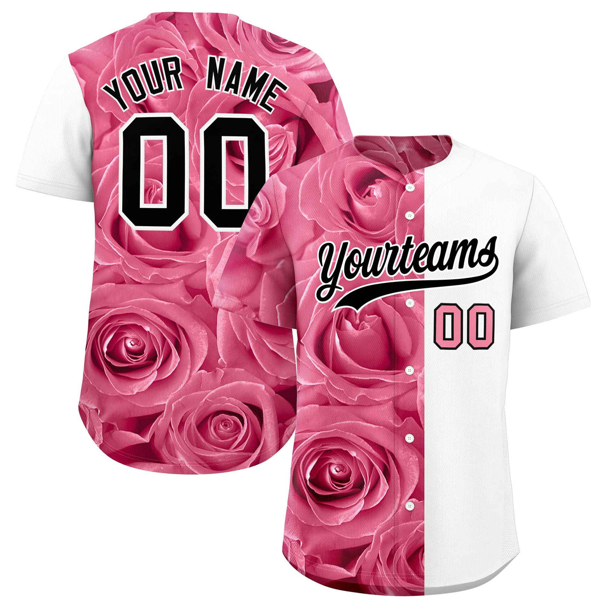 Custom Light Pink White Split Rose Print Authentic Baseball Jersey| KXKSHOP