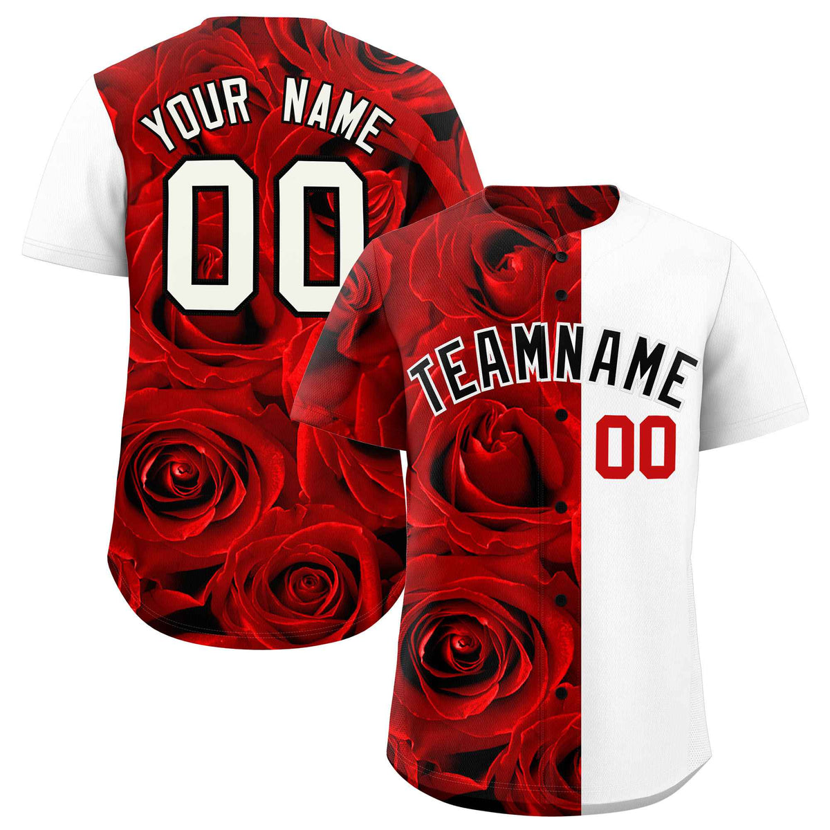 Custom Red White Split Rose Print Authentic Baseball Jersey| KXKSHOP