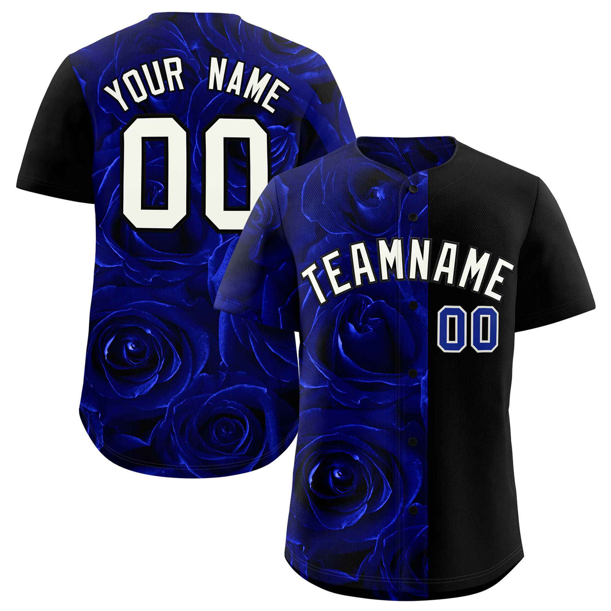 Custom Royal Black Split Rose Print Authentic Baseball Jersey| KXKSHOP