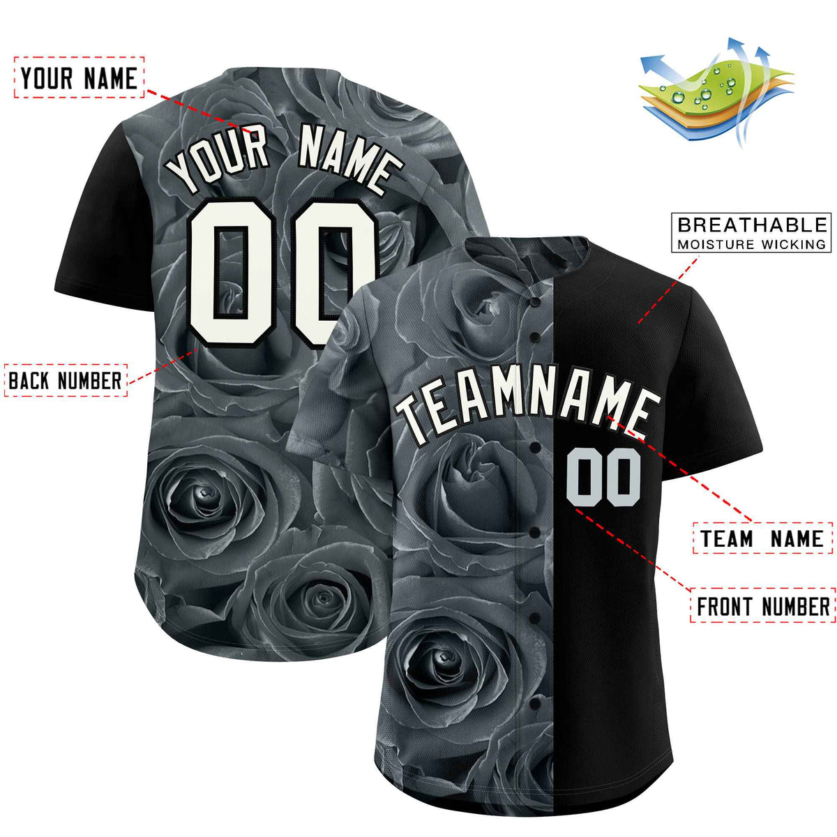 Custom Silver Black Split Rose Print Authentic Baseball Jersey| KXKSHOP