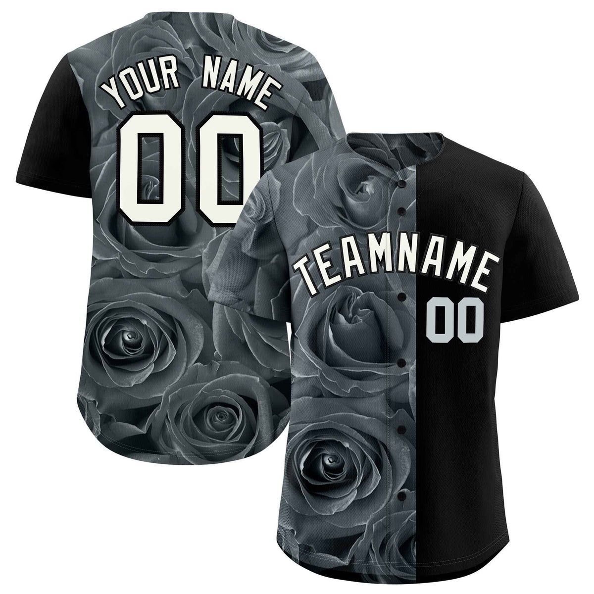 Custom Silver Black Split Rose Print Authentic Baseball Jersey| KXKSHOP